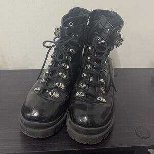 Jeffrey Campbell Black Patent Faux Leather Combat Platform Czech Boots
